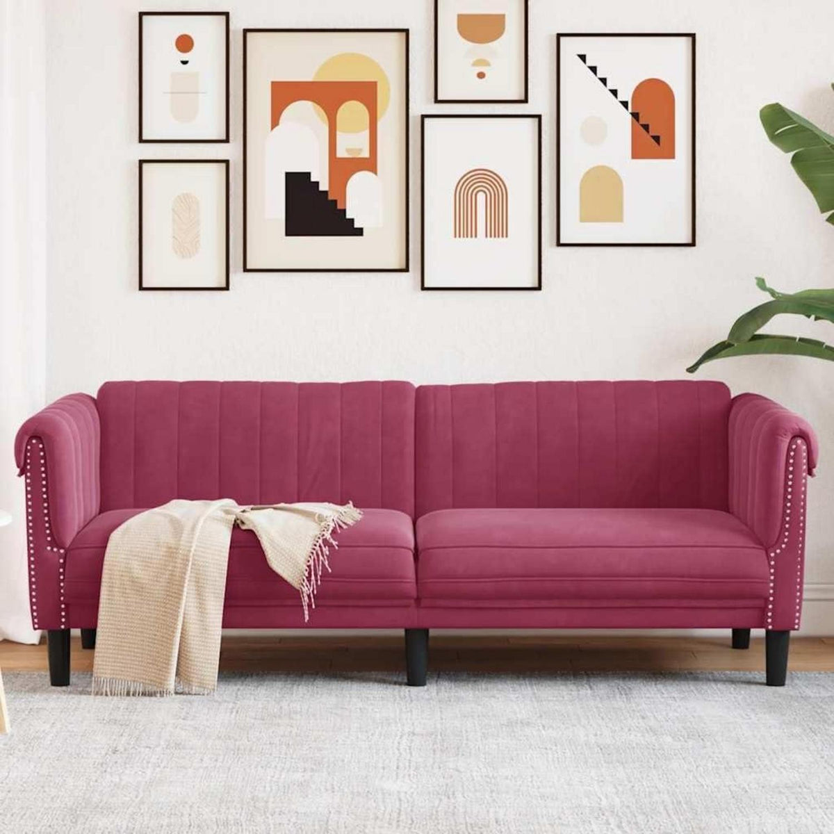 Weinrotes 3-Sitzer Sofa aus Samt – Wohnzimmer & Schlafzimmer