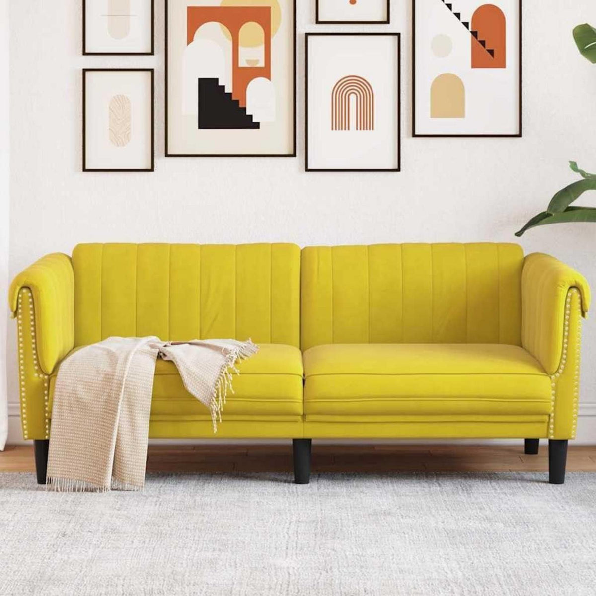 2-Sitzer Sofa Gelb Samt – Moderner Akzentstuhl mit Kissen