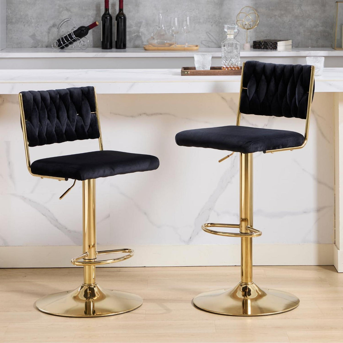 Barhocker 2er Set, Drehbar, Höhenverstellbar, Schwarz