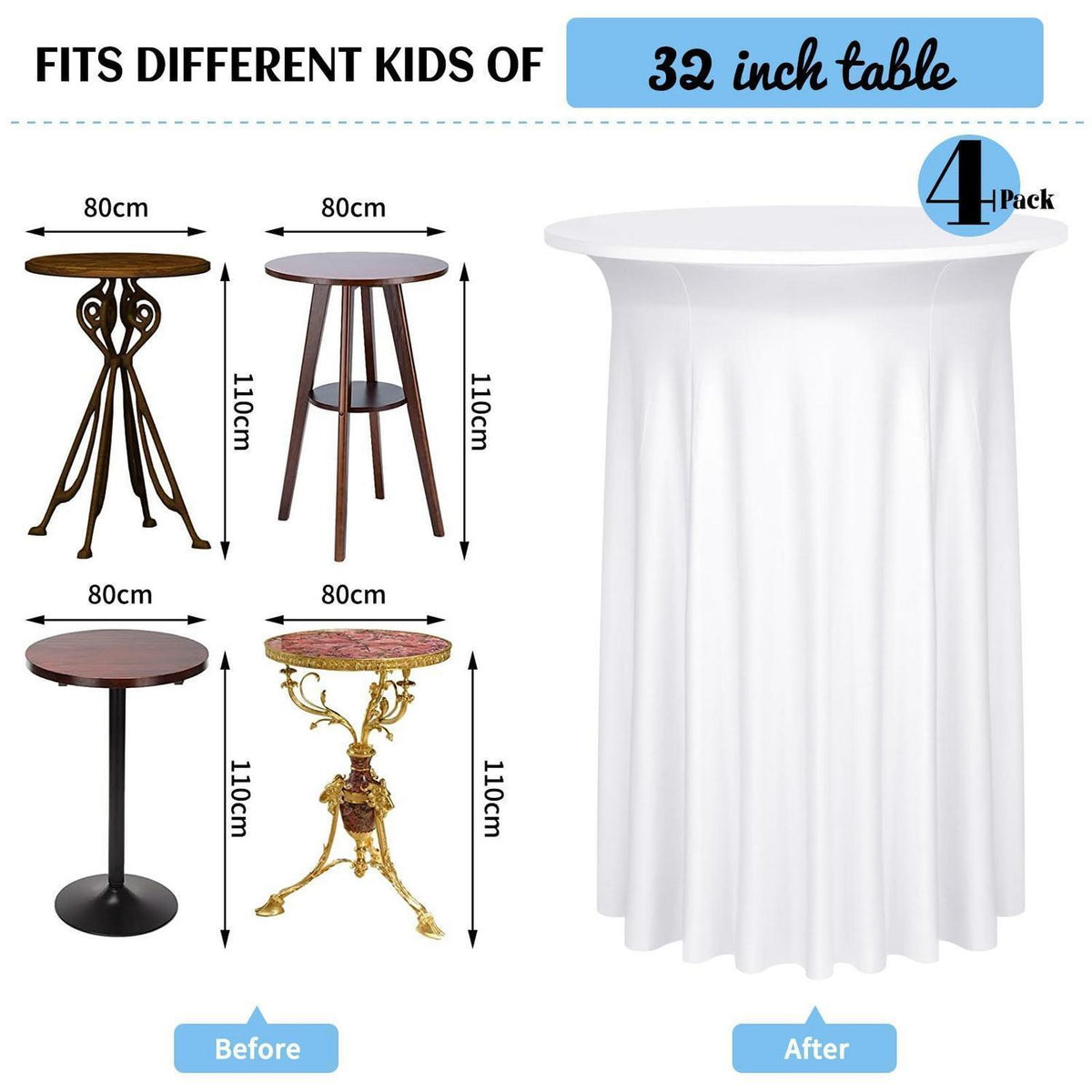 Weißer Spandex Cocktail Tischrock 4er-Set (110x80cm)
