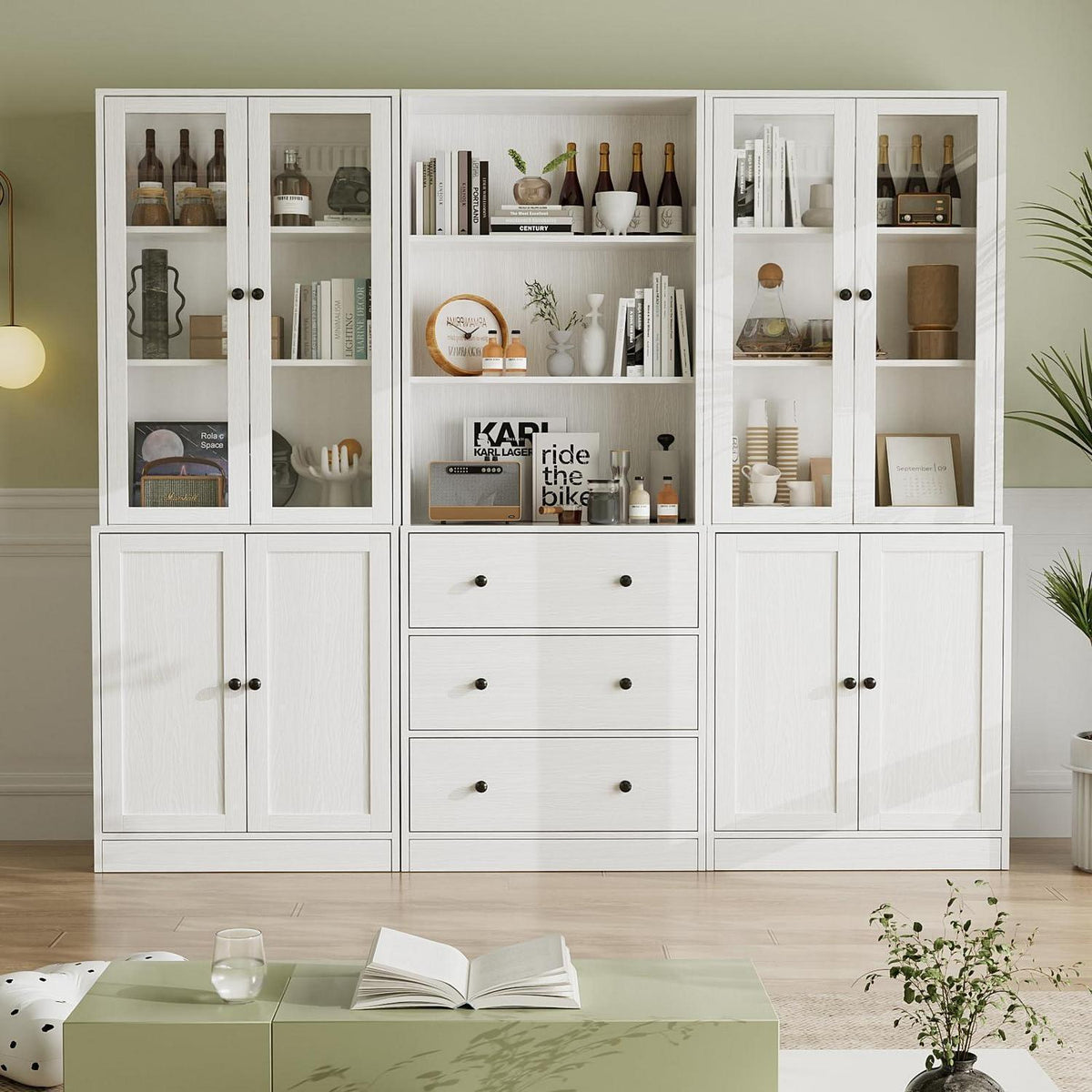 5-stöckiges Bücherregal mit Glastüren – Weißes Vitrinenschrank-Set