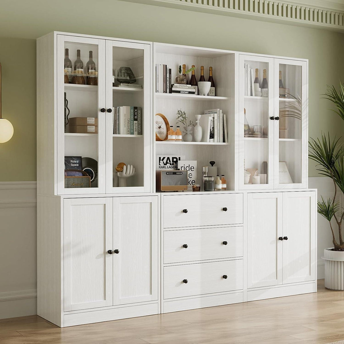 5-stöckiges Bücherregal mit Glastüren – Weißes Vitrinenschrank-Set