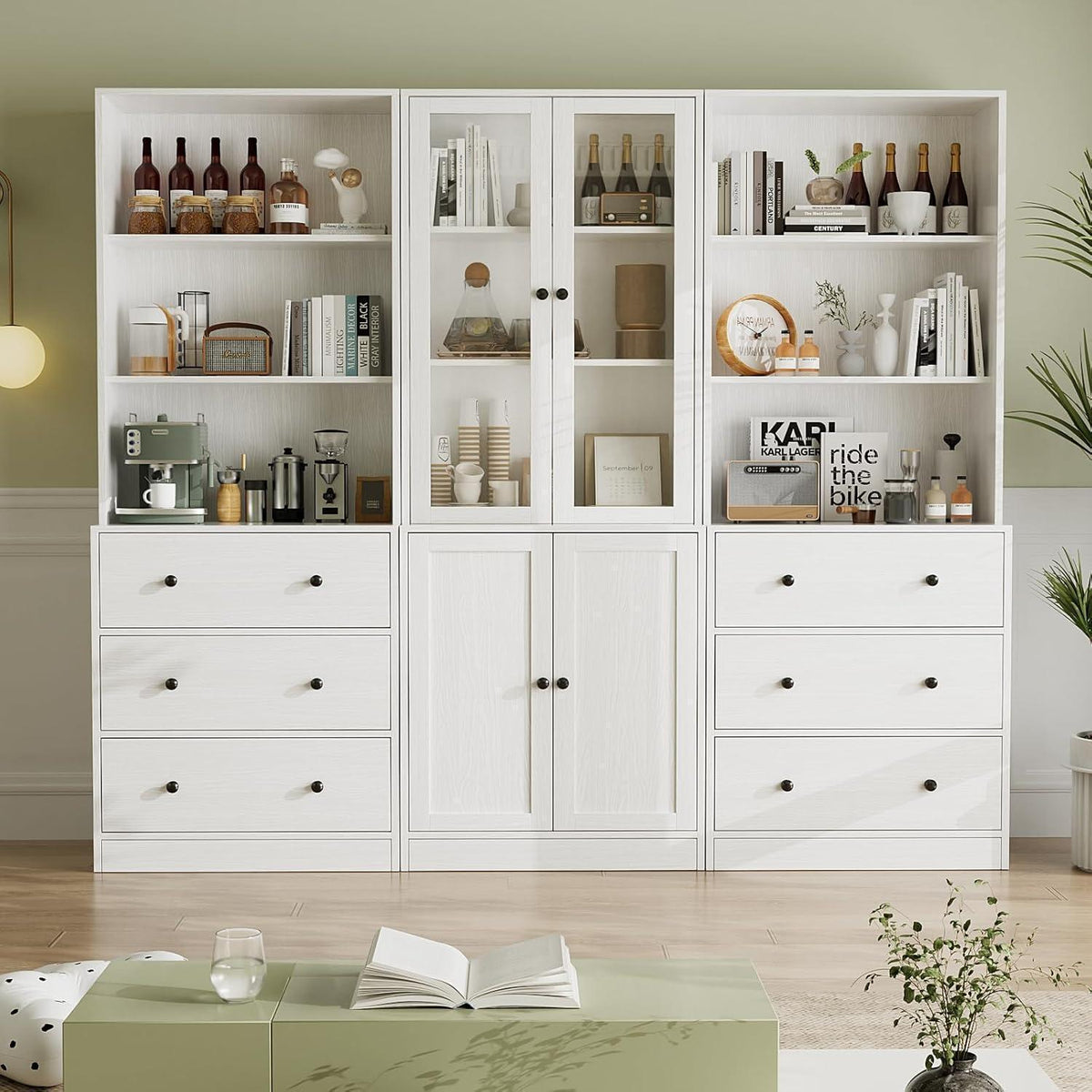 5-stöckiges Bücherregal mit Glastüren – Weißes Vitrinenschrank-Set