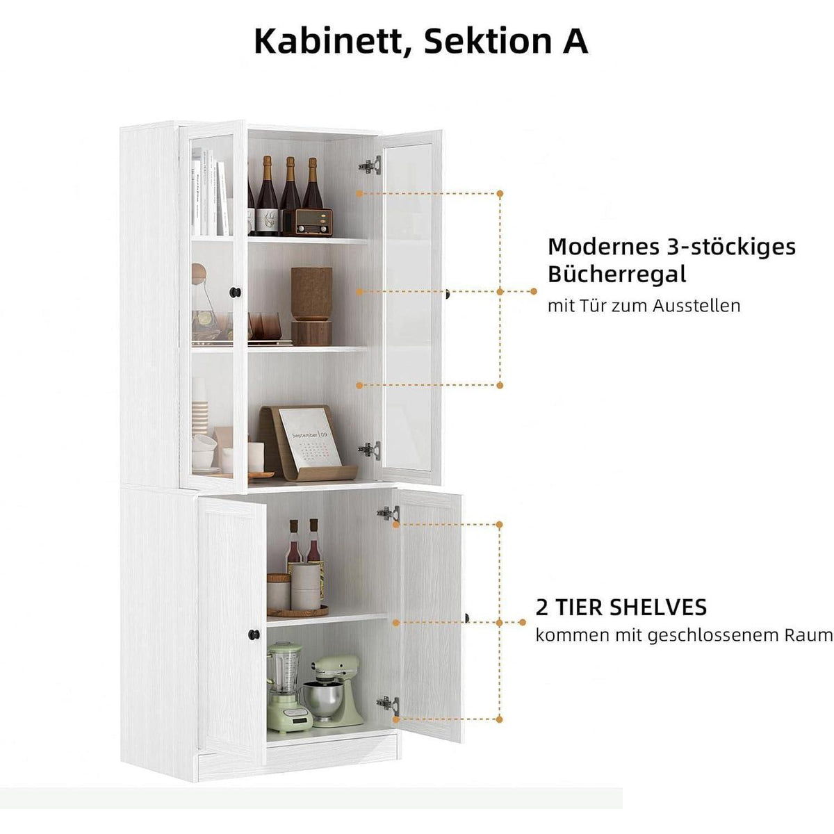 5-stöckiges Bücherregal mit Glastüren – Weißes Vitrinenschrank-Set