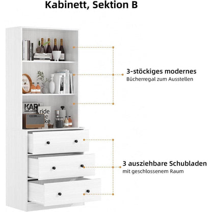 5-stöckiges Bücherregal mit Glastüren – Weißes Vitrinenschrank-Set