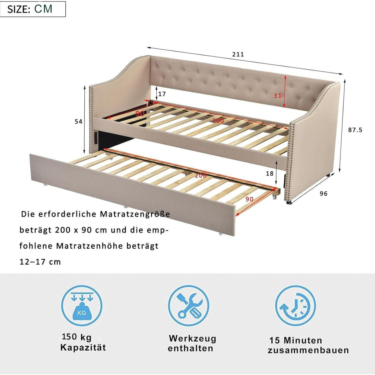 Schlafsofa 90x200 cm ausziehbar – Samt Beige, 2 Personen