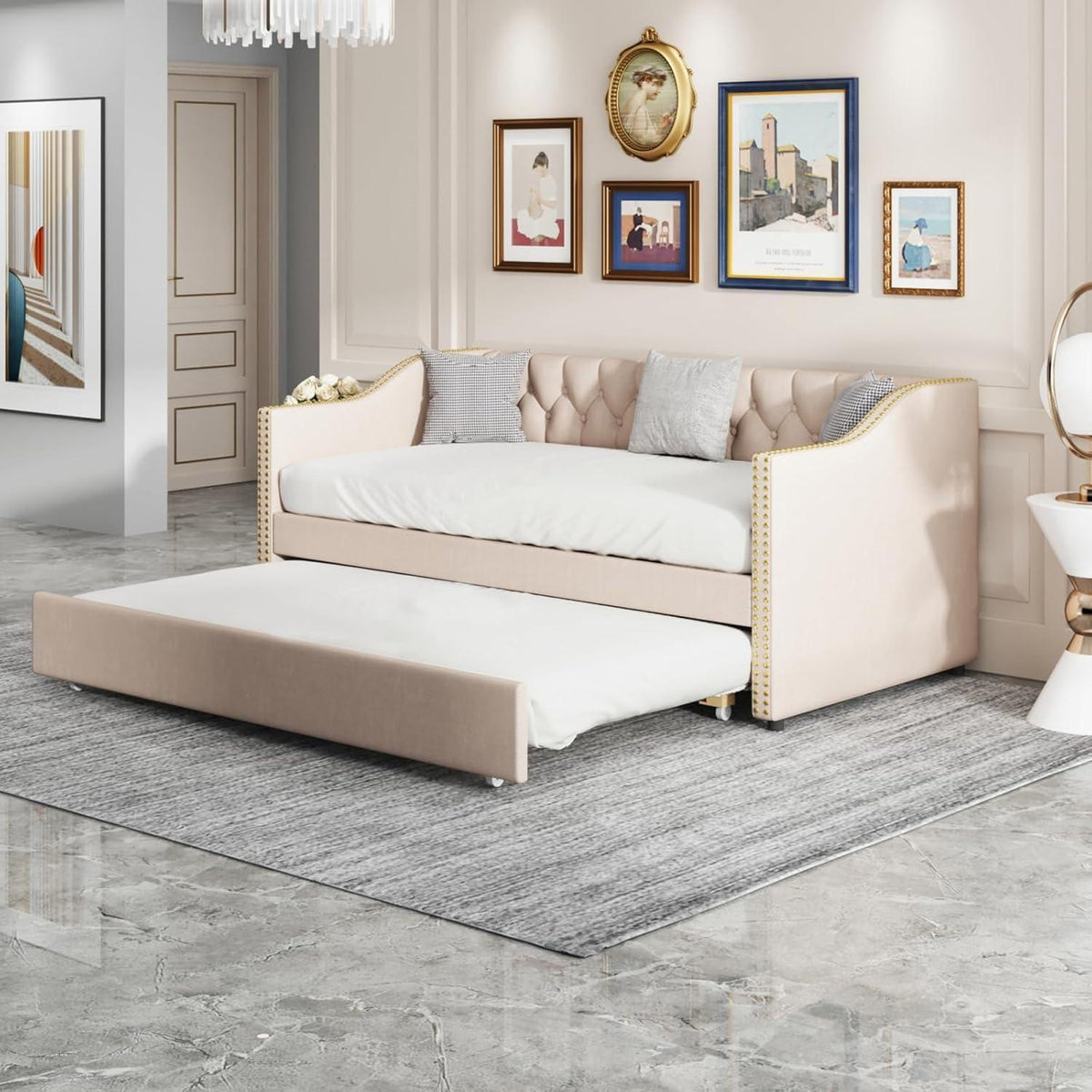 Schlafsofa 90x200 cm ausziehbar – Samt Beige, 2 Personen