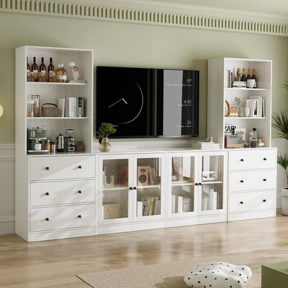 Großer TV-Schrank mit Bücherregal & Glastüren (280cm, Weiß)