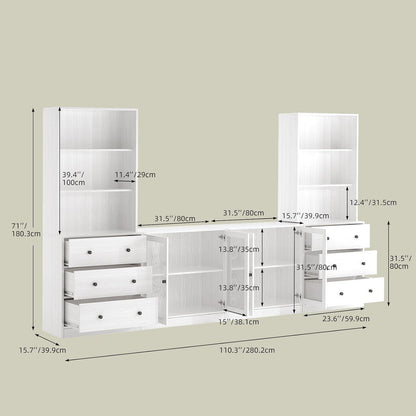 Großer TV-Schrank mit Bücherregal & Glastüren (280cm, Weiß)