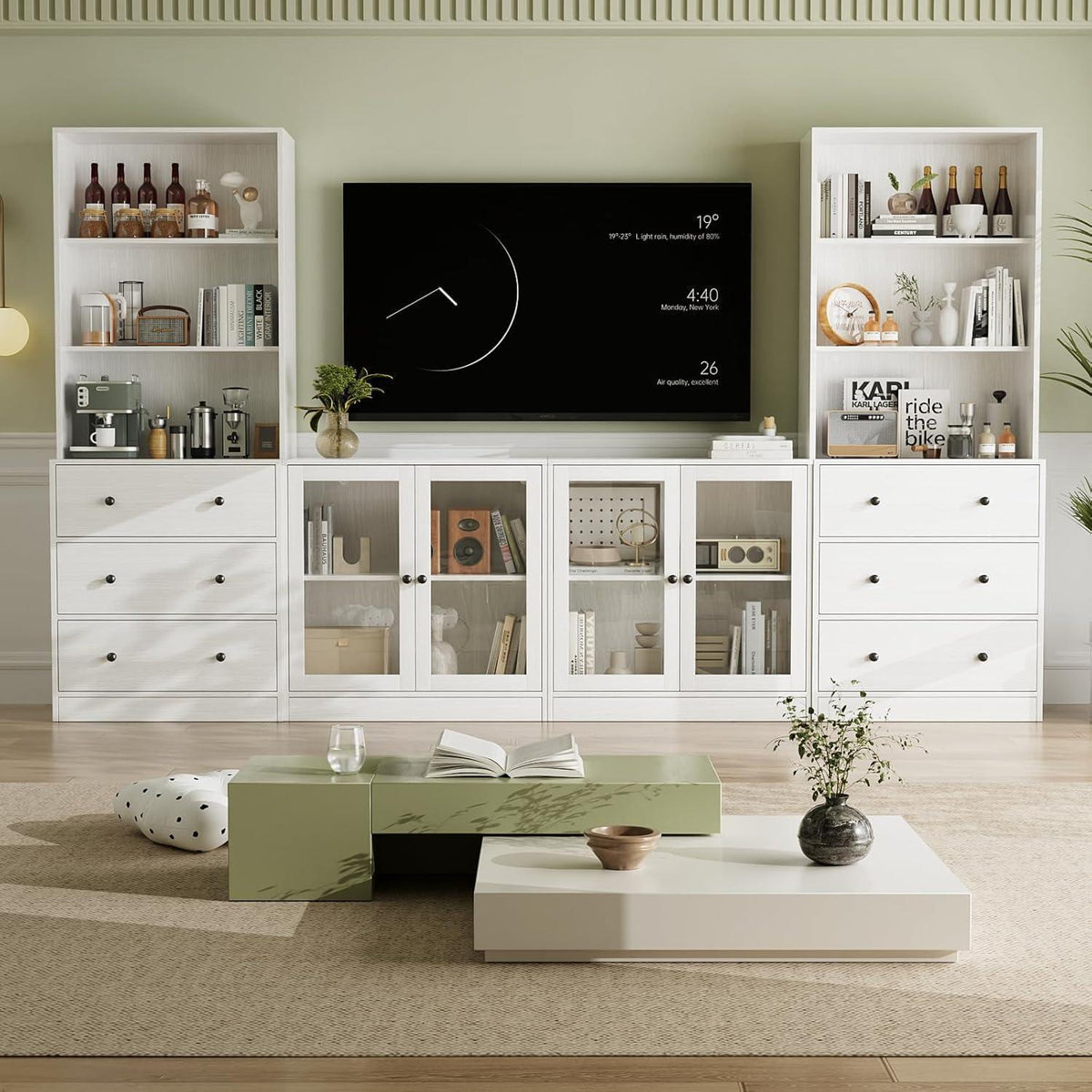 Großer TV-Schrank mit Bücherregal & Glastüren (280cm, Weiß)
