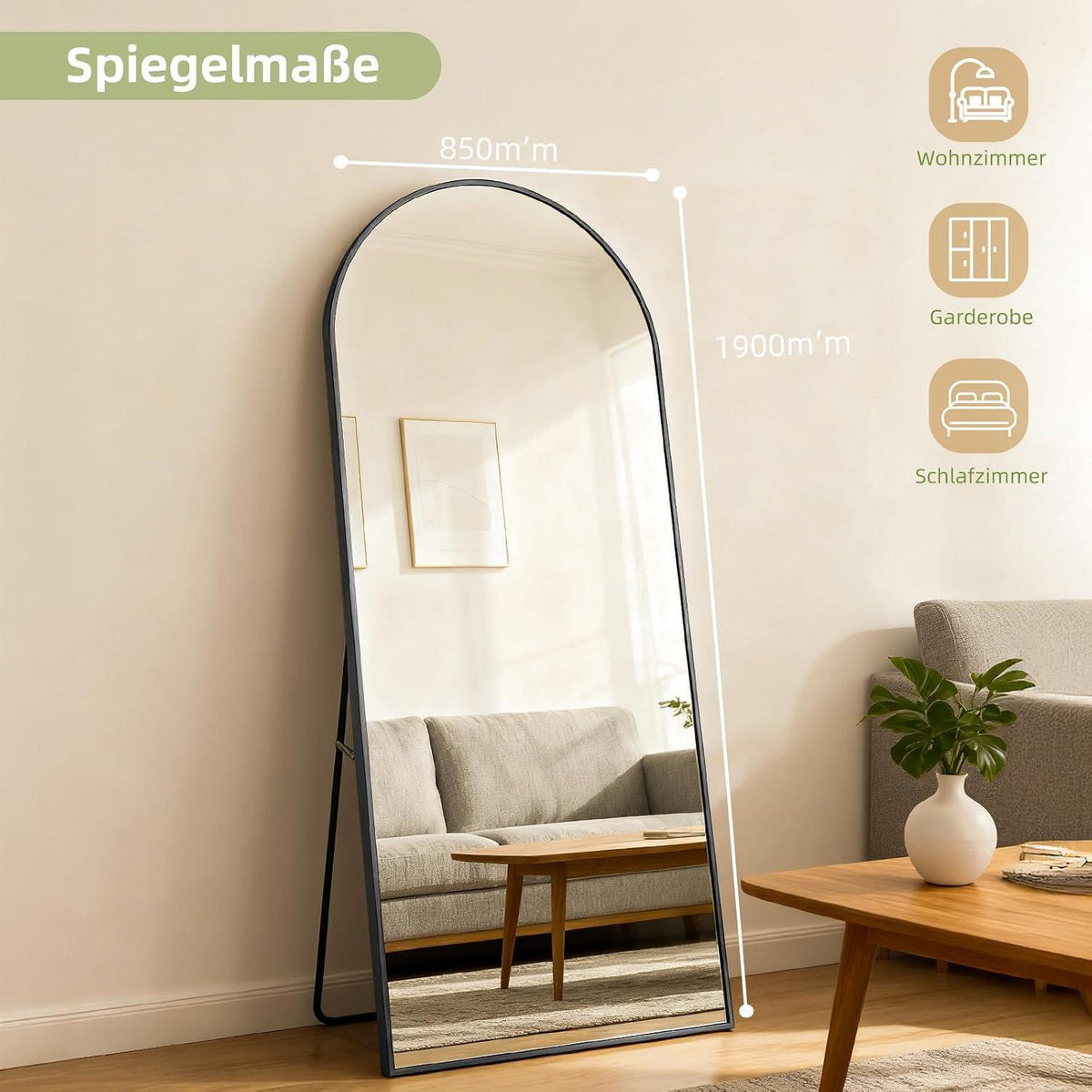 Großer Bogenförmiger Standspiegel – Schwarz 190x85cm, HD-Reflexion