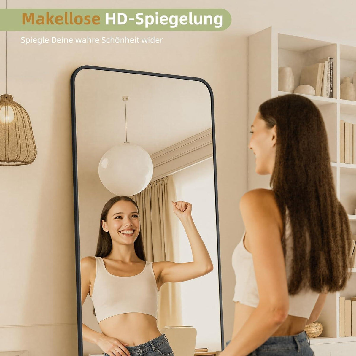 Großer Rechteckiger Standspiegel Schwarz – HD-Reflexion, 190x85cm
