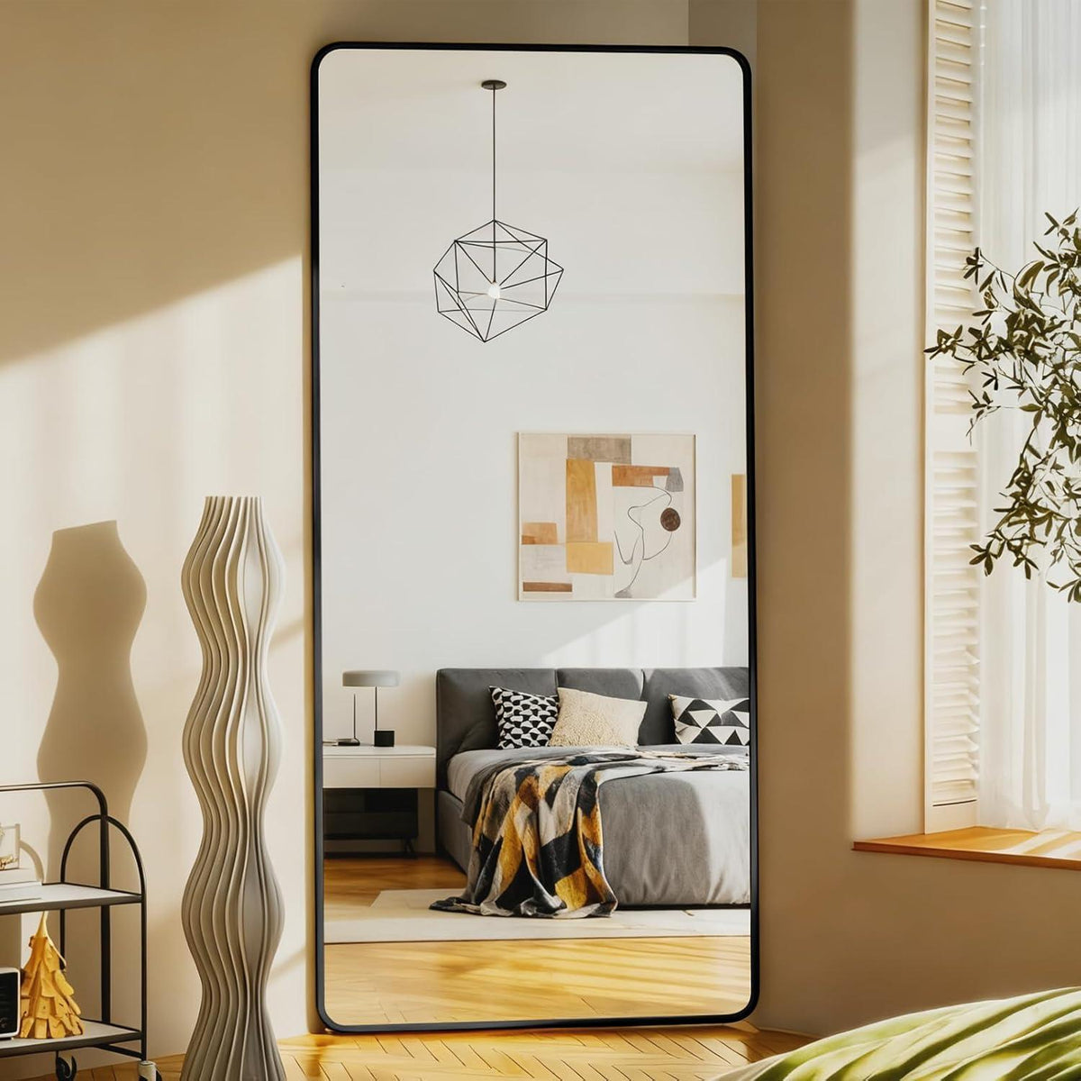 Großer Rechteckiger Standspiegel Schwarz – HD-Reflexion, 190x85cm