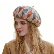Karierte Damen Baskenmütze aus Wolle – Winter Beanie Mütze Orange