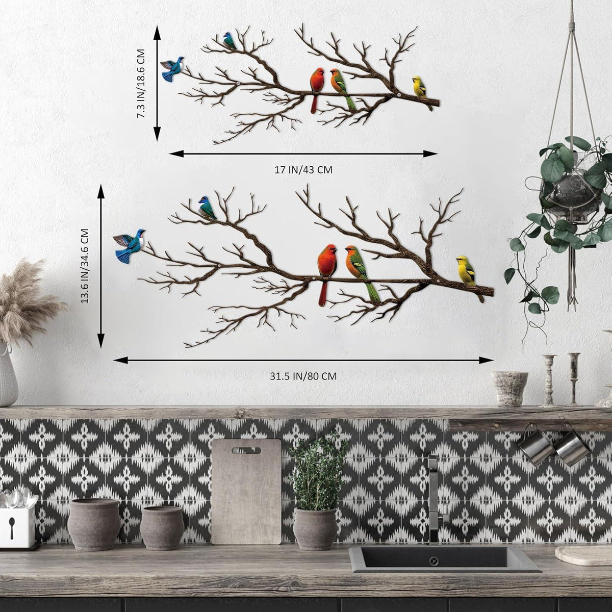 Metall Wanddeko Vögel auf Ast – Große Wandskulptur Vintage