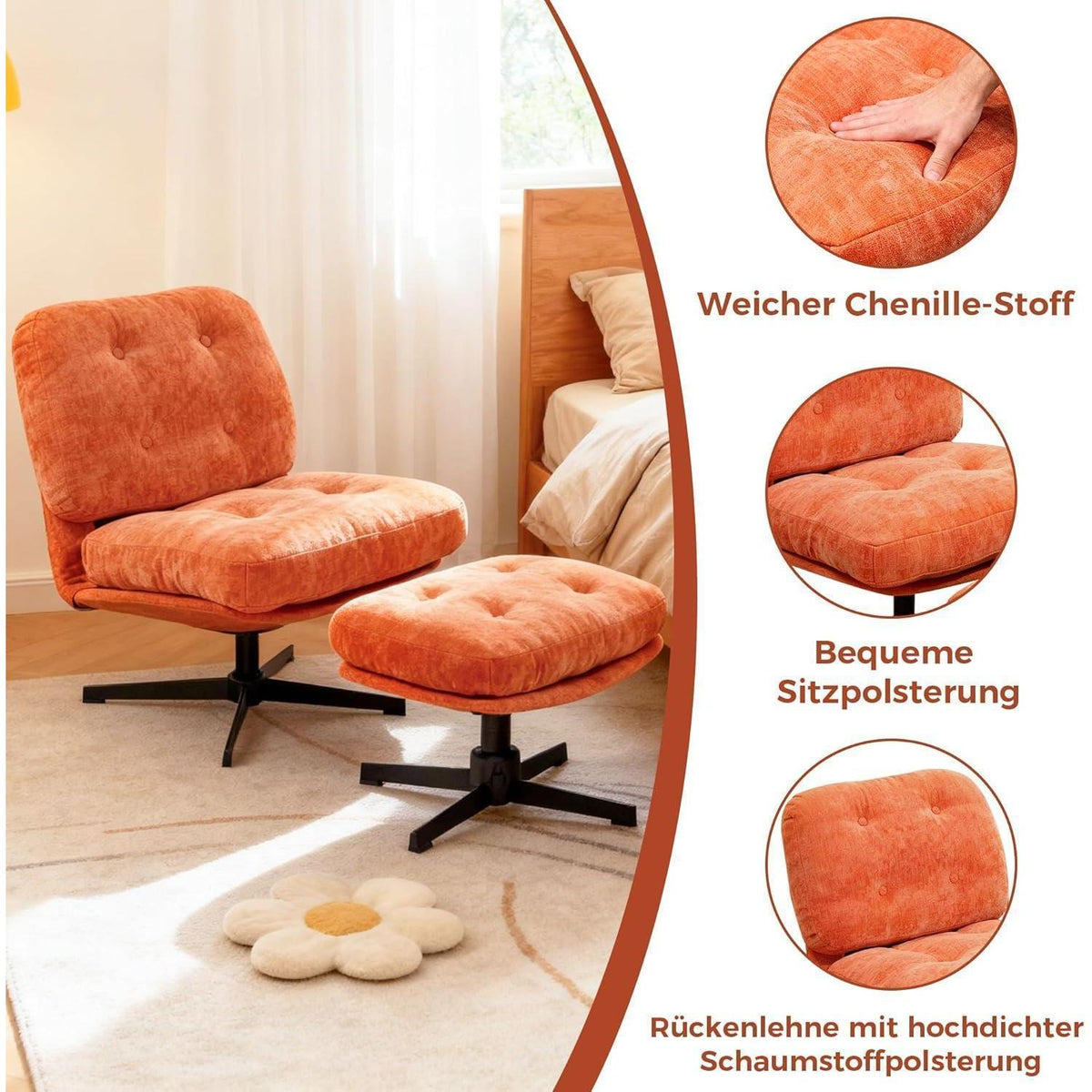 Drehbarer Relaxsessel mit Hocker & Chenille-Bezug, Orange