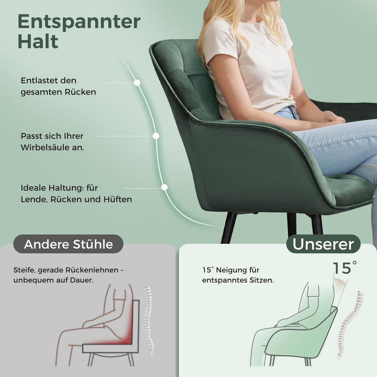 Samt Esszimmerstühle 2er Set mit Armlehnen, Dunkelgrün