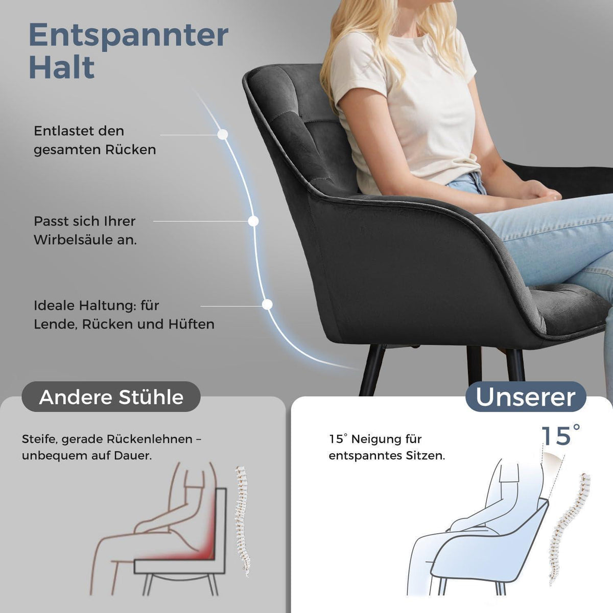Samt Esszimmerstühle 4er Set mit Armlehnen, Dunkelgrau