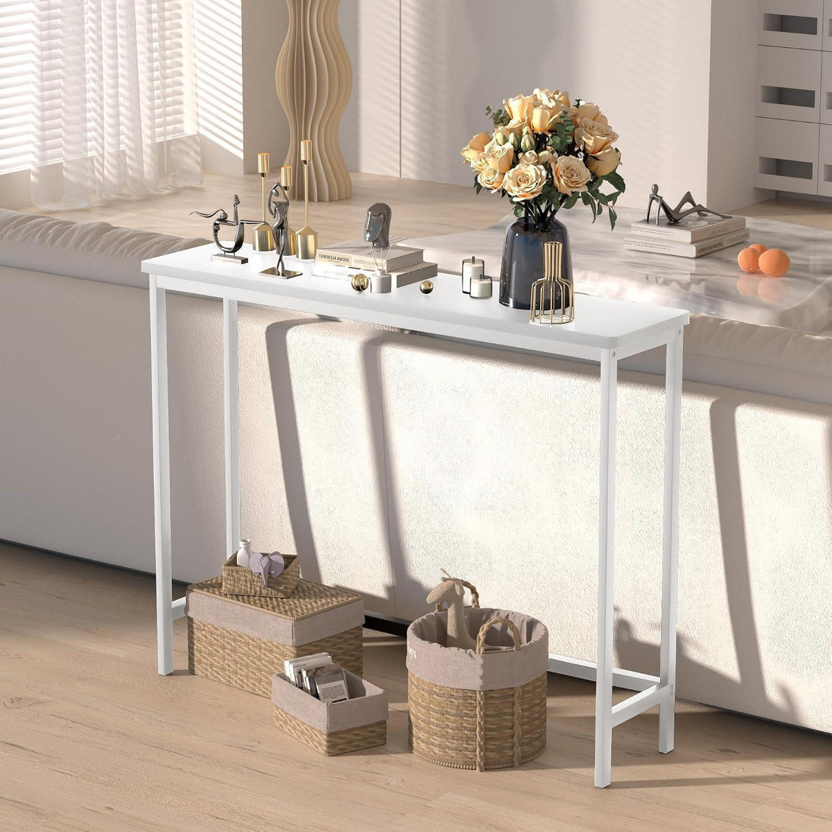 Bambus Konsolentisch Schmal 100cm – Weißer Flurtisch für Wohnzimmer