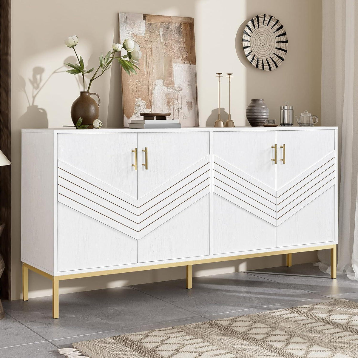 Modernes Sideboard mit 4 Türen & Höhenverstellbaren Regalen (Weiß)