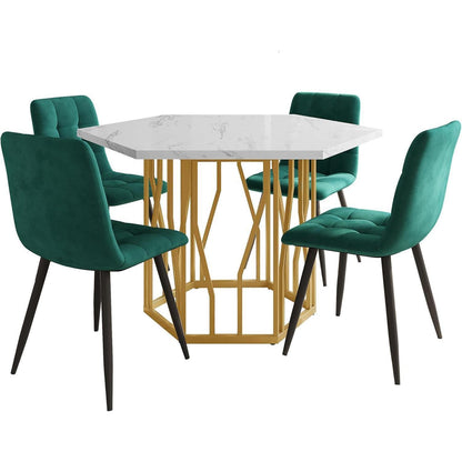 Moderner Esstisch Set (5-teilig) – Marmor & Samt Stühle