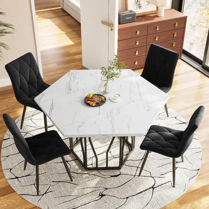 Moderner Esstisch Set (5-teilig) – Marmor & Samt Stühle
