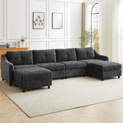 JIEXI Ecksofa mit Schlaffunktion – Grau, 4 Sitze + 2 Hocker