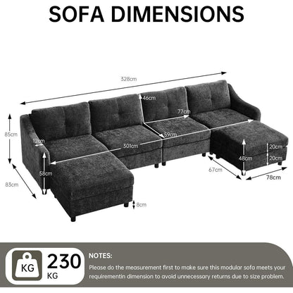 JIEXI Ecksofa mit Schlaffunktion – Grau, 4 Sitze + 2 Hocker