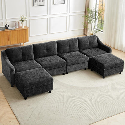 JIEXI Ecksofa mit Schlaffunktion – Grau, 4 Sitze + 2 Hocker