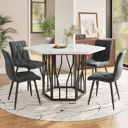 Moderner Esstisch Set (5-teilig) – Marmor & Samt Stühle