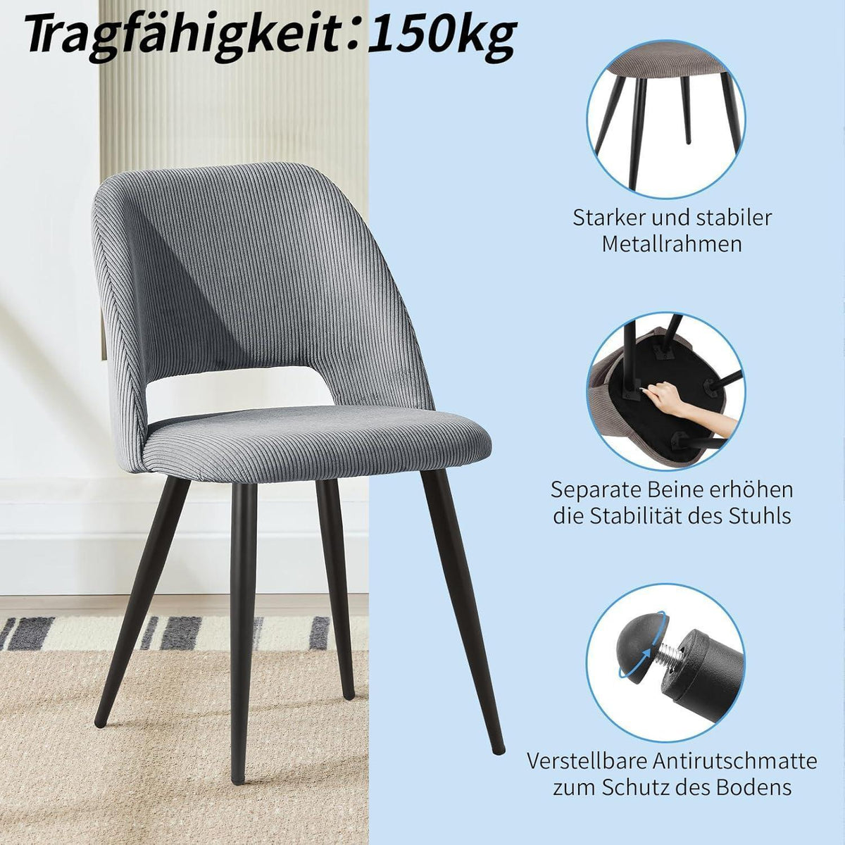 Esszimmerstühle 2er Set Grau, Samt & Metall, Modern & Komfortabel