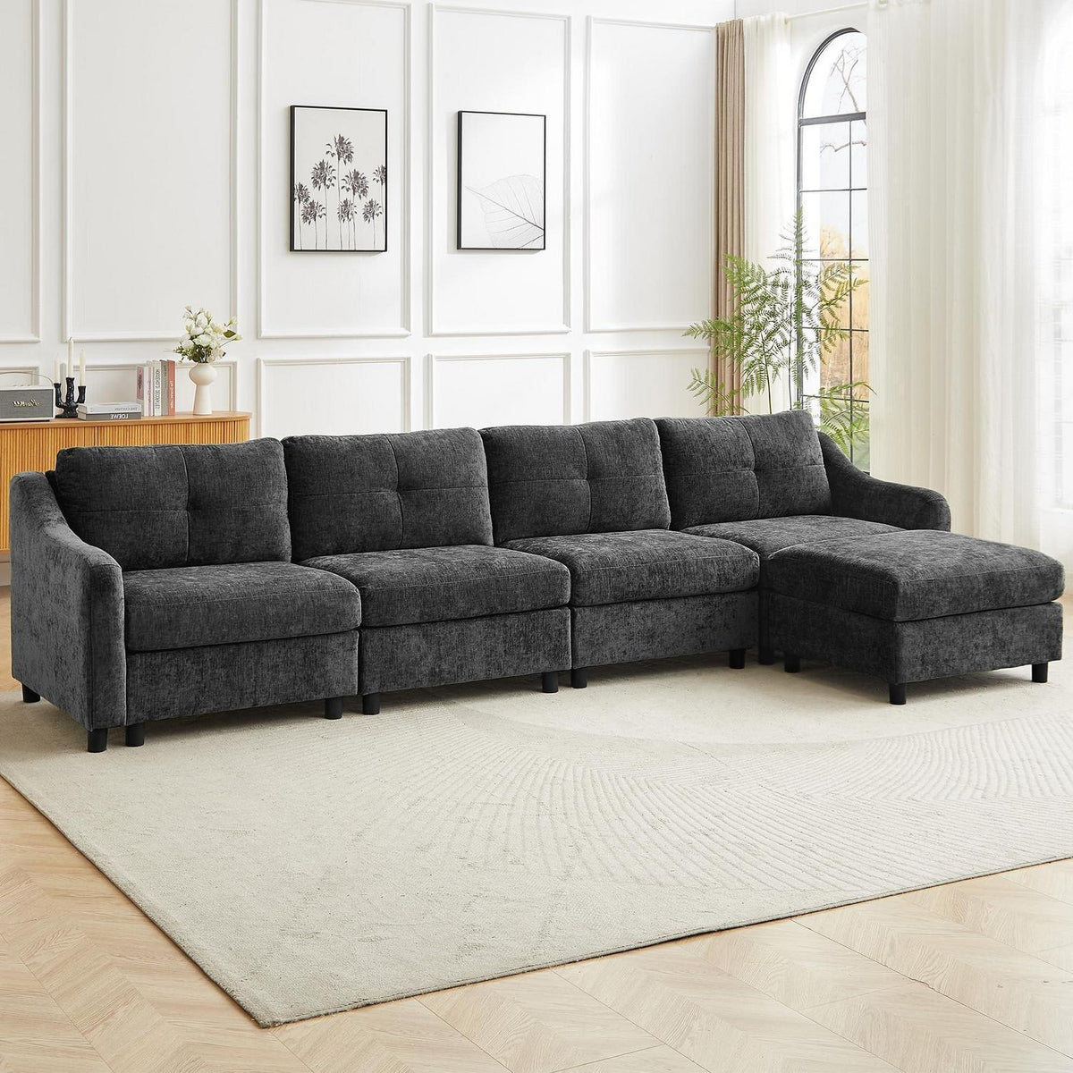 JIEXI Ecksofa mit Schlaffunktion – Grau, 4 Sitze + Hocker