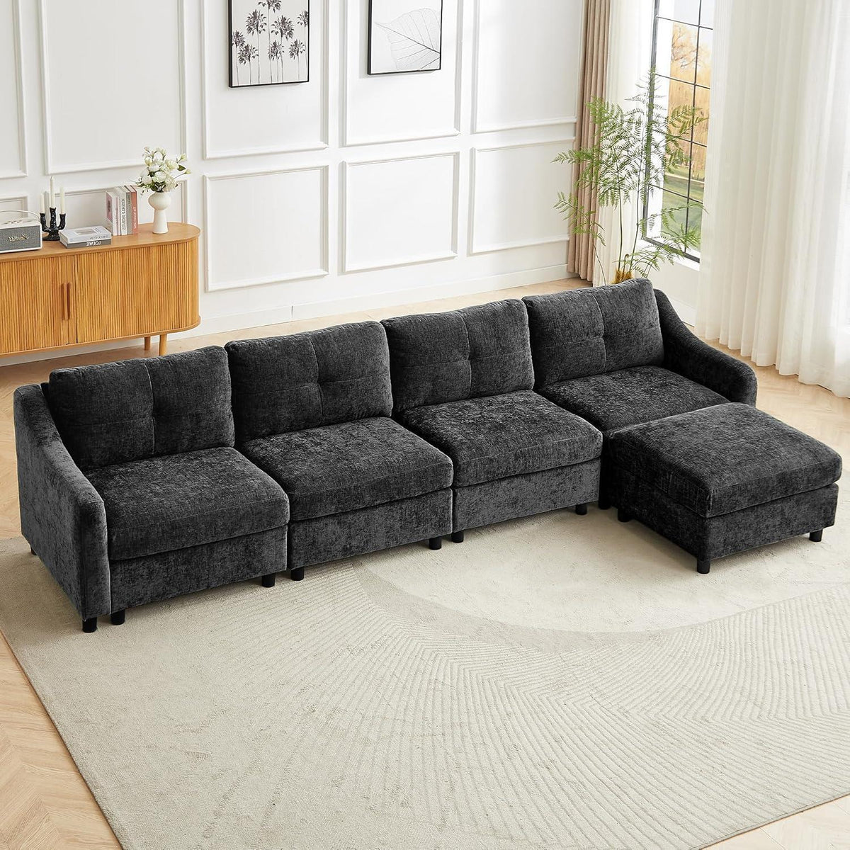 JIEXI Ecksofa mit Schlaffunktion – Grau, 4 Sitze + Hocker