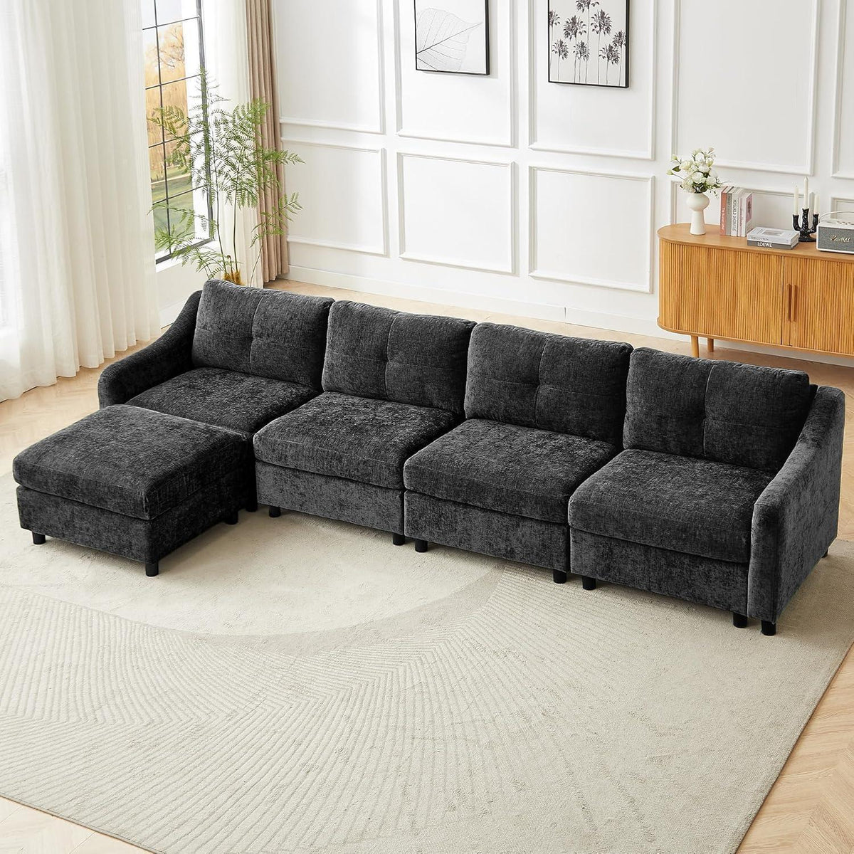 JIEXI Ecksofa mit Schlaffunktion – Grau, 4 Sitze + Hocker