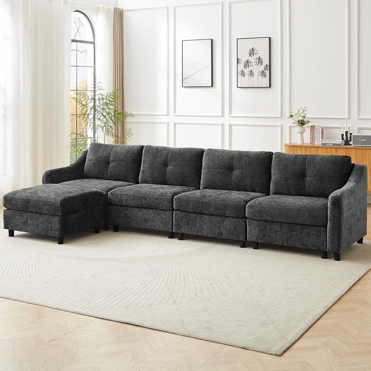 JIEXI Ecksofa mit Schlaffunktion – Grau, 4 Sitze + Hocker