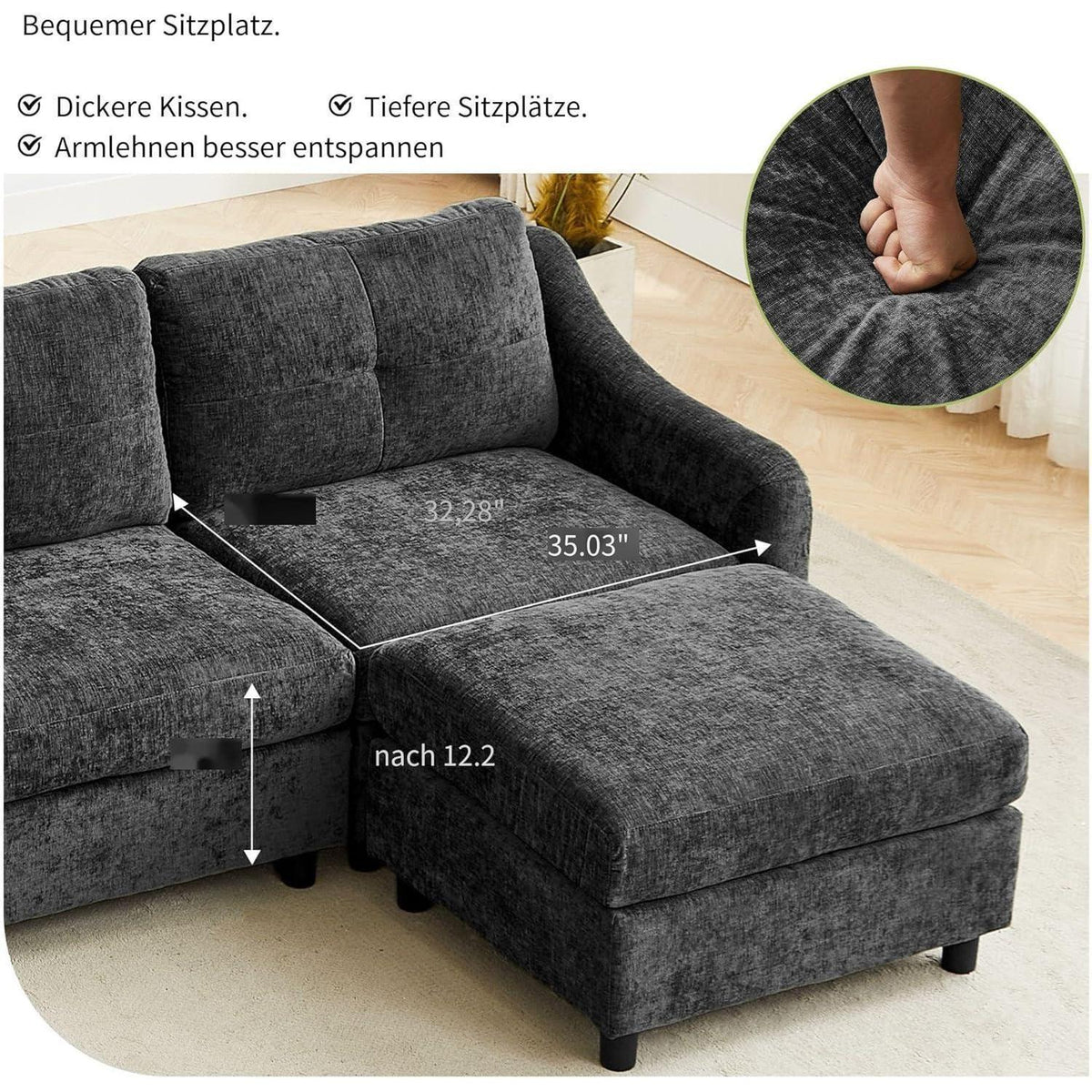 JIEXI Ecksofa mit Schlaffunktion – Grau, 4 Sitze + Hocker