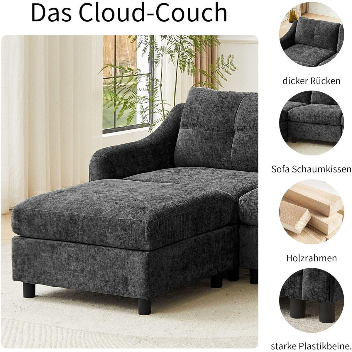 JIEXI Ecksofa mit Schlaffunktion – Grau, 4 Sitze + Hocker