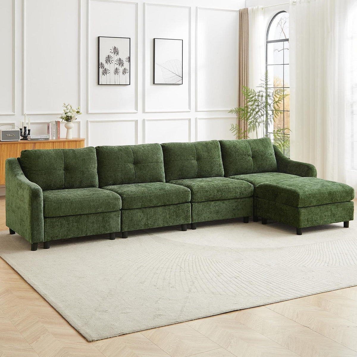 JIEXI Ecksofa mit Schlaffunktion – Dunkelgrün, 4 Sitze + Hocker