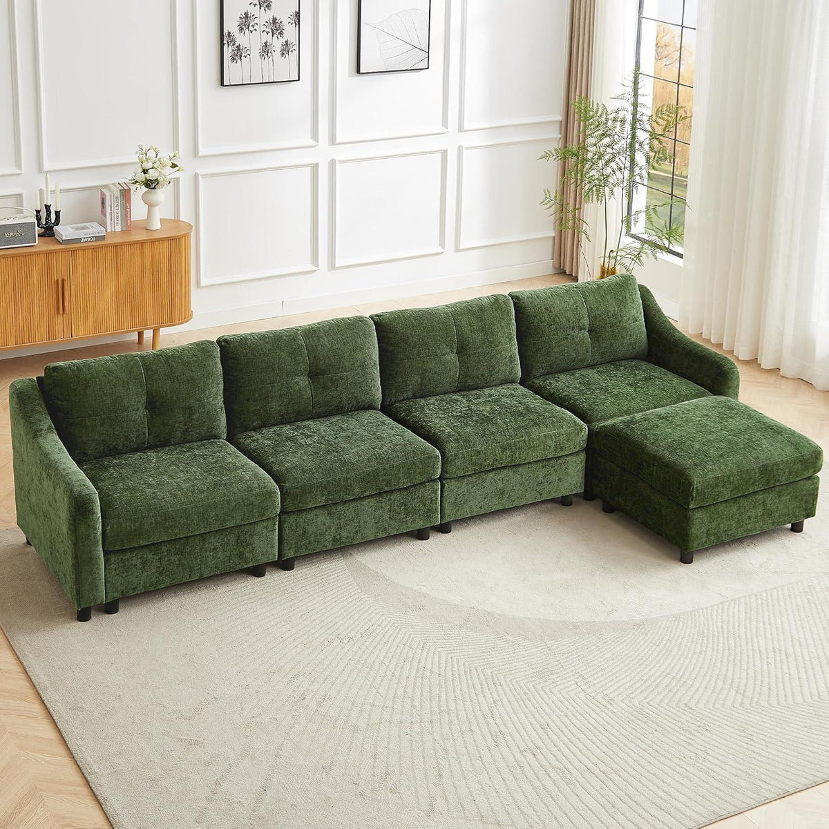 JIEXI Ecksofa mit Schlaffunktion – Dunkelgrün, 4 Sitze + Hocker