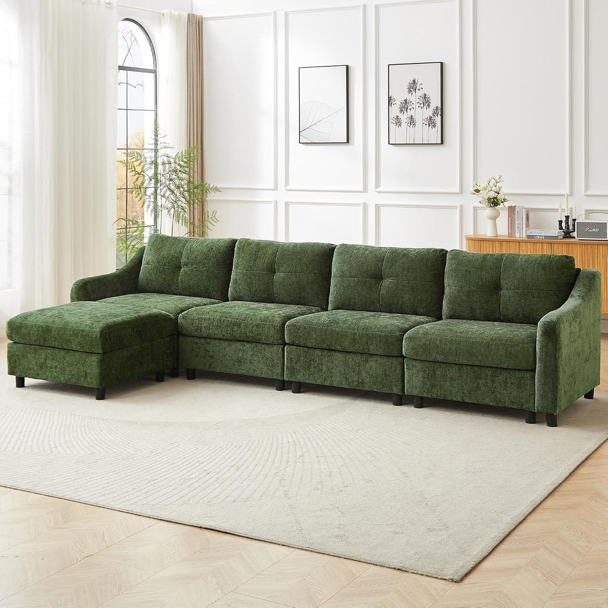 JIEXI Ecksofa mit Schlaffunktion – Dunkelgrün, 4 Sitze + Hocker