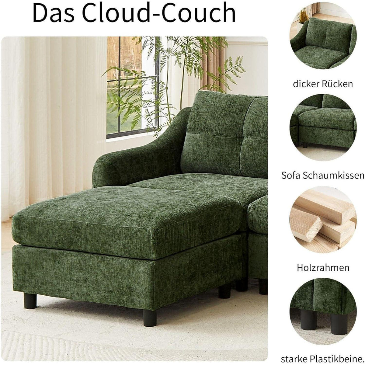 JIEXI Ecksofa mit Schlaffunktion – Dunkelgrün, 4 Sitze + Hocker