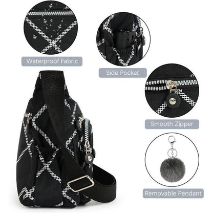 Nylon Umhängetasche Damen mit vielen Taschen, kariert