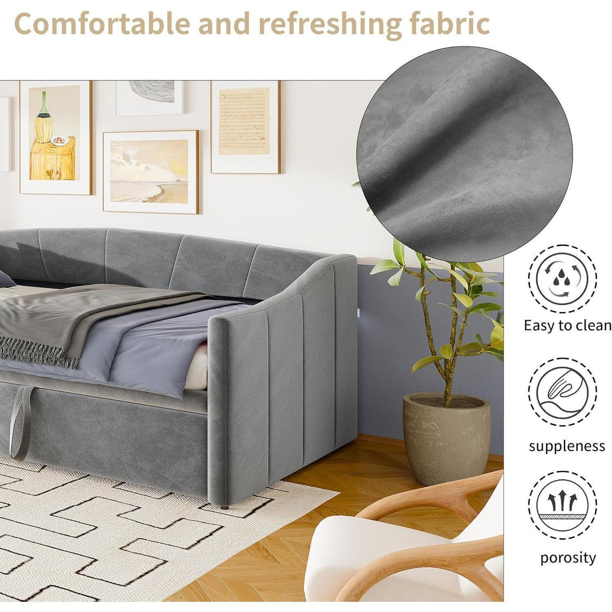 Tagesbett 90x200 cm mit Ausziehbett Grau – 3-in-1 Schlafsofa