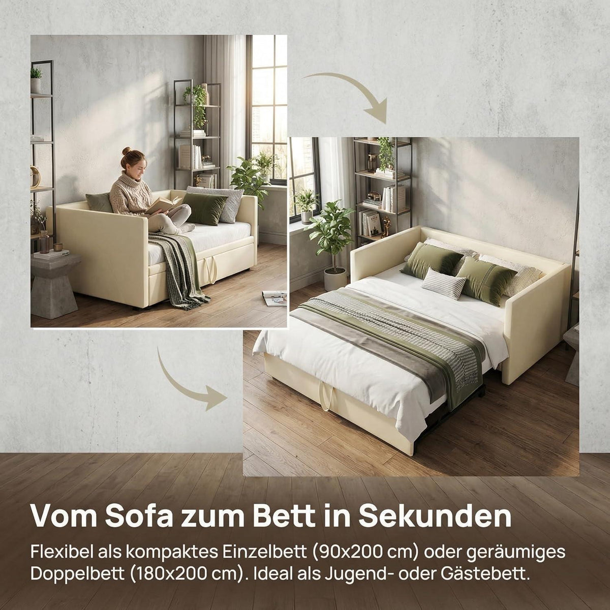 Ausziehbett 90x200/180x200 cm – Samt Schlafsofa mit Lattenrost