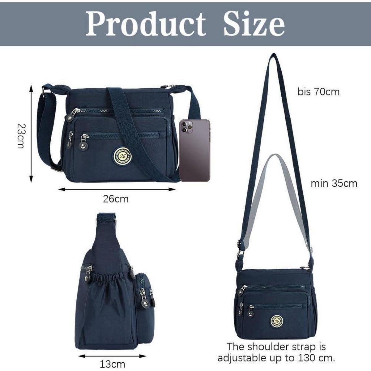 Damen Umhängetasche Nylon mit vielen Taschen, Dunkelblau