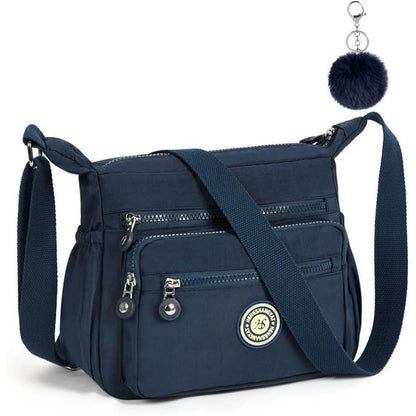 Damen Umhängetasche Nylon mit vielen Taschen, Dunkelblau