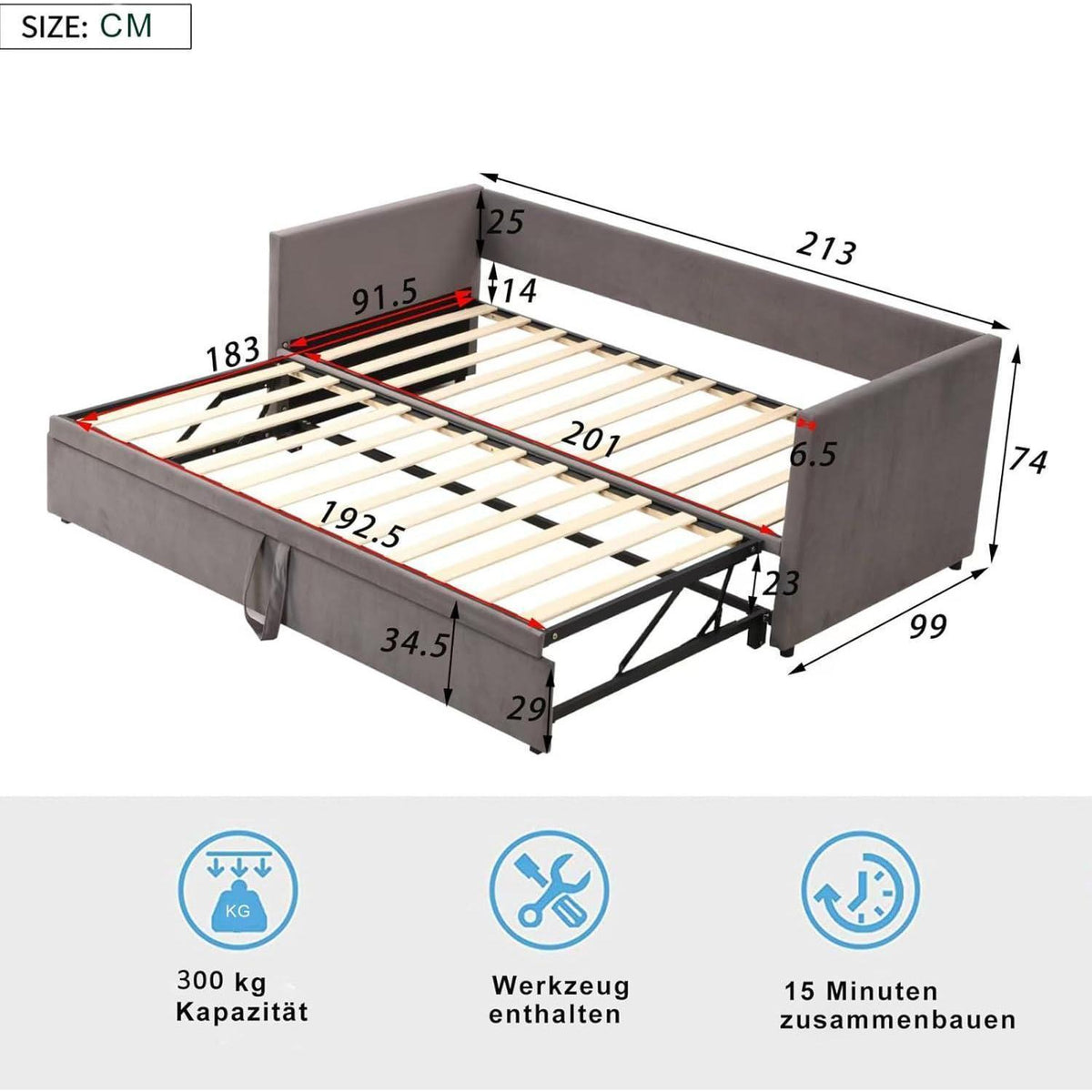 Graues Tagesbett 90x200 ausziehbar 180x200 cm mit Lattenrost