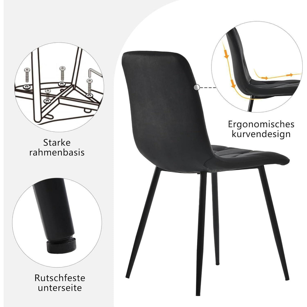 Essgruppe mit Esstisch & 4 Samtstühlen – Weiß & Schwarz