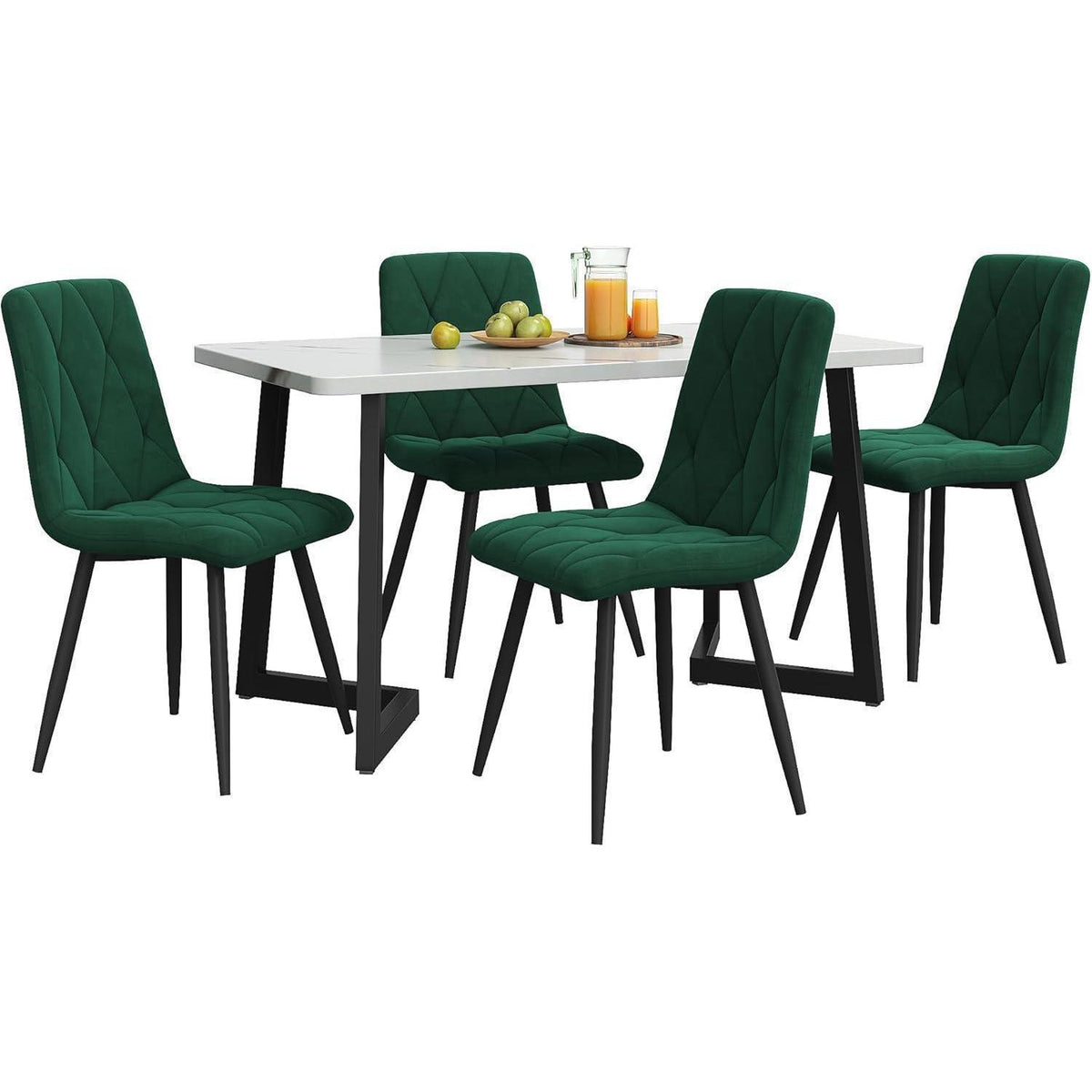 Essgruppe Esstisch mit 4 Samtstühlen Weiß & Grün