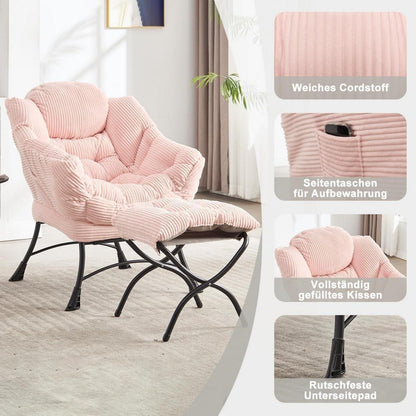 Ohrensessel mit Hocker – Cord Rosa, Bequemer Loungesessel